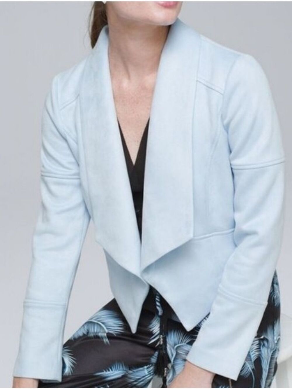 White House Black Market Light Blue Faux Ultra Suede Drape Front Jacket